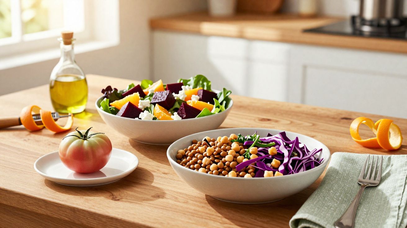 Duas tigelas com saladas variadas, tomate em prato branco e garrafa de azeite sobre mesa de madeira na cozinha.