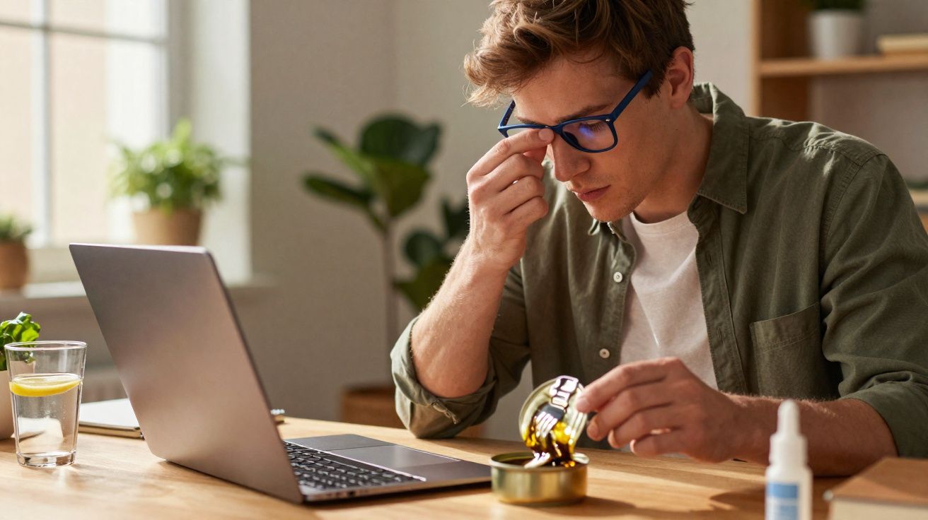 Jovem com óculos ajusta lente enquanto está em mesa com computador e frasco de colírio ao lado.