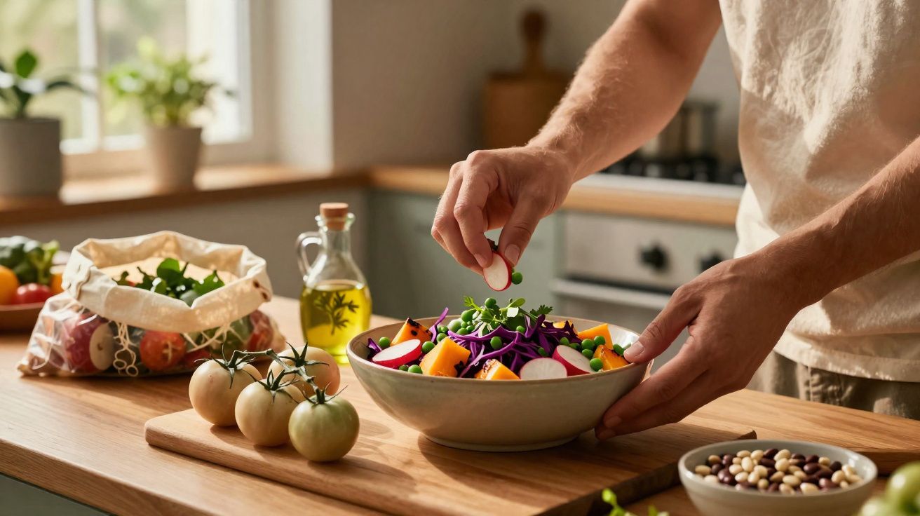 Pessoa preparando salada fresca em tigela com legumes variados sobre bancada de madeira.