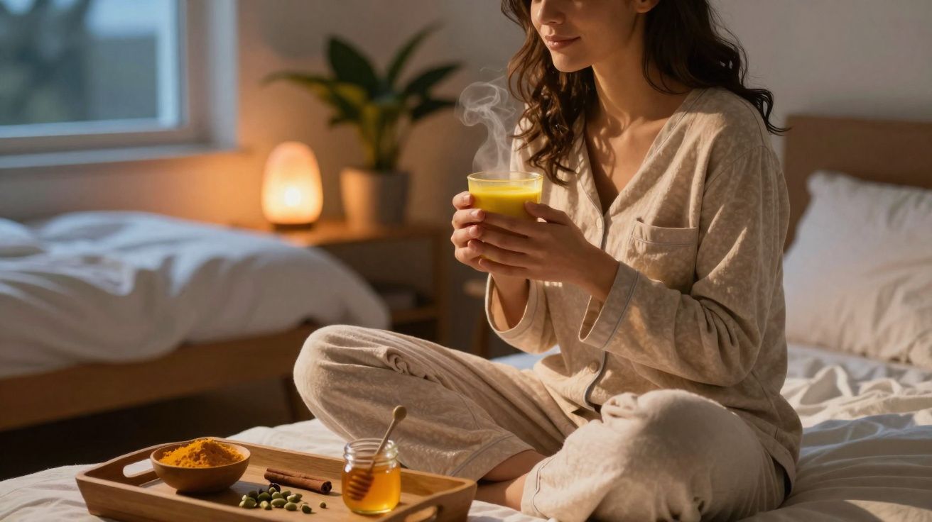 Mulher de pijama sentada na cama segurando uma bebida quente com utensílios naturais à frente.