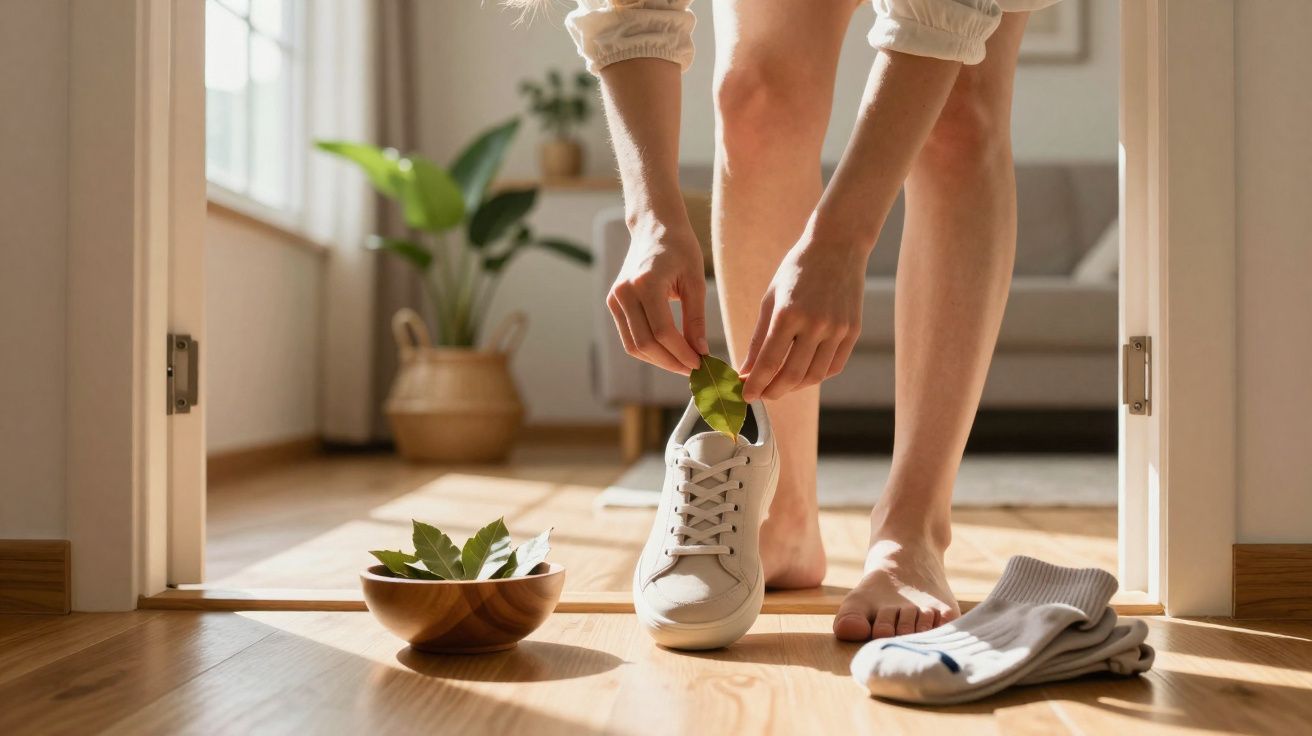 Pessoa colocando folhas verdes dentro de um tênis branco em ambiente interno iluminado.