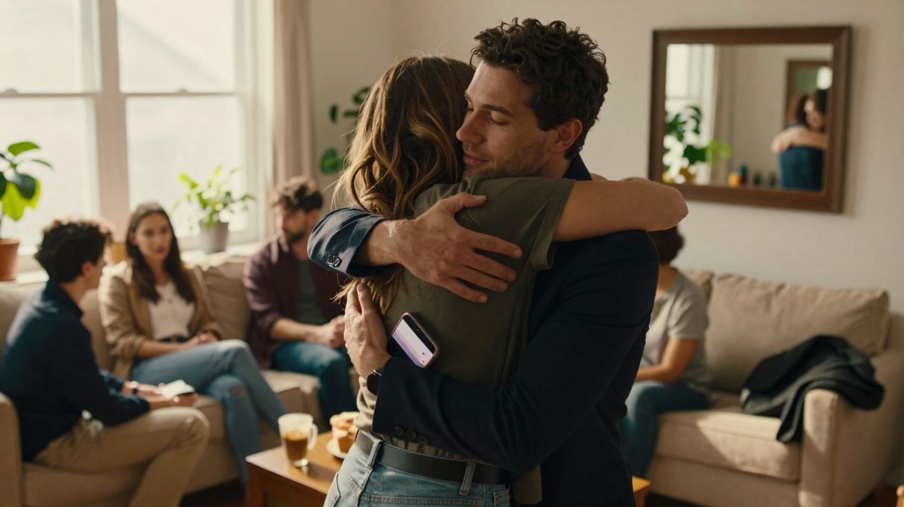 Dois adultos se abraçando em sala com outras quatro pessoas conversando ao fundo.