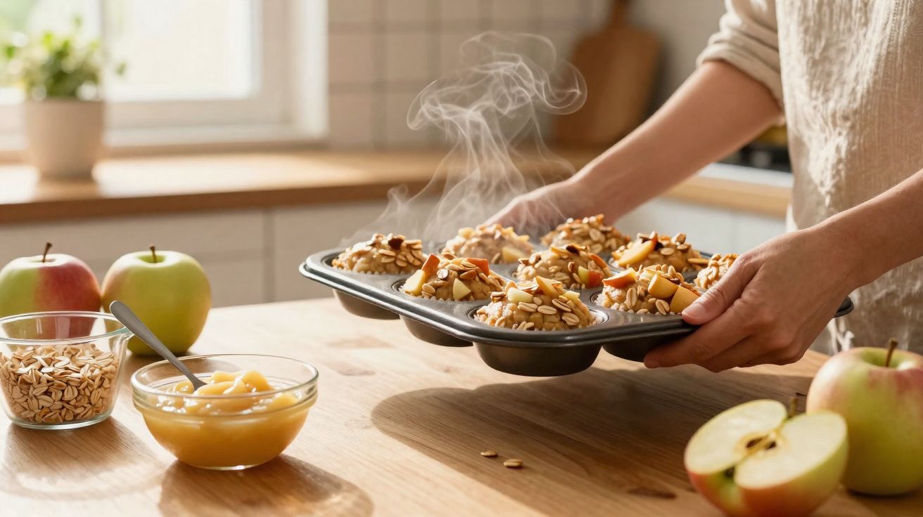 Pessoa segurando forma com muffins de aveia e maçã recém-assados e fumegantes sobre mesa de madeira.