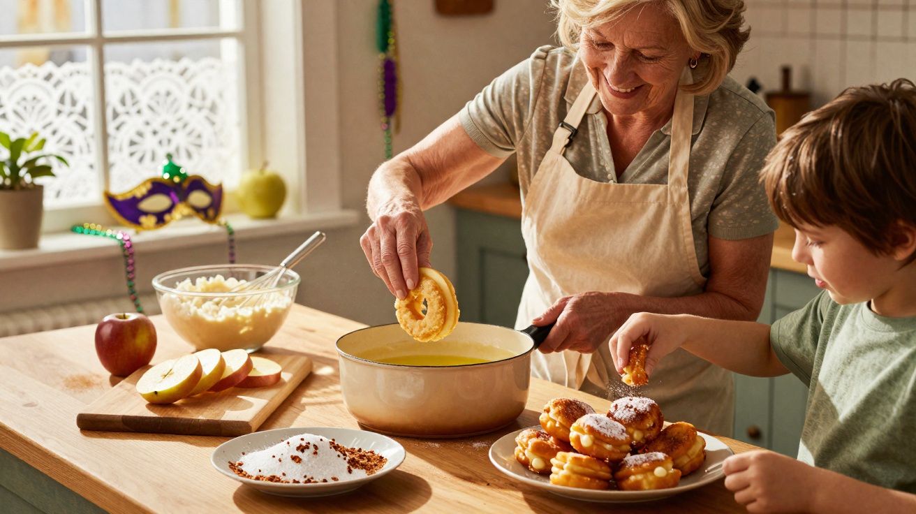 Idosa e criança fazendo rosquinhas na cozinha, fritando e polvilhando açúcar sobre elas.