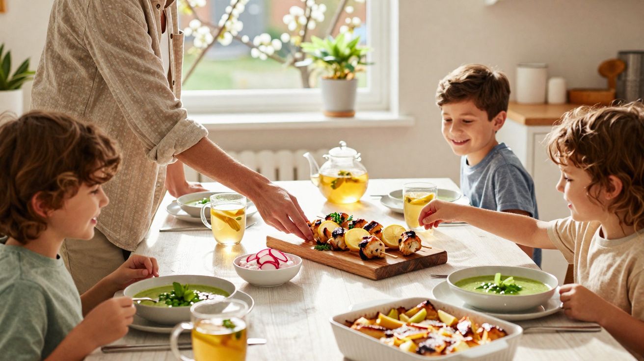 Crianças sentadas à mesa com tigelas de sopa, chá e família servindo espetinhos no almoço.
