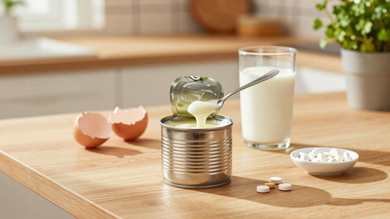 Lata aberta de leite condensado com colher, ovo quebrado, copo de leite e comprimidos sobre mesa de madeira.