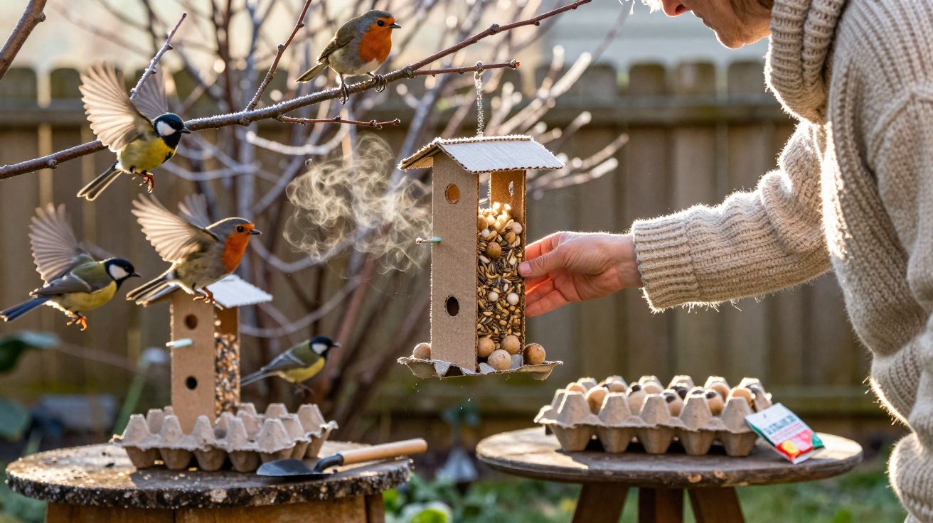 Pessoa alimentando pássaros com comedouro de sementes em jardim, com vários pássaros pousados e voando.