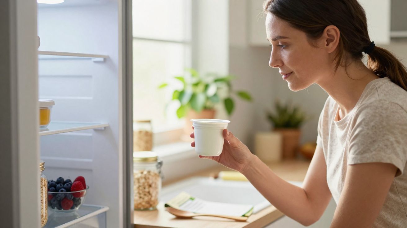 Mulher olhando para pote de iogurte aberto perto da geladeira em cozinha iluminada.