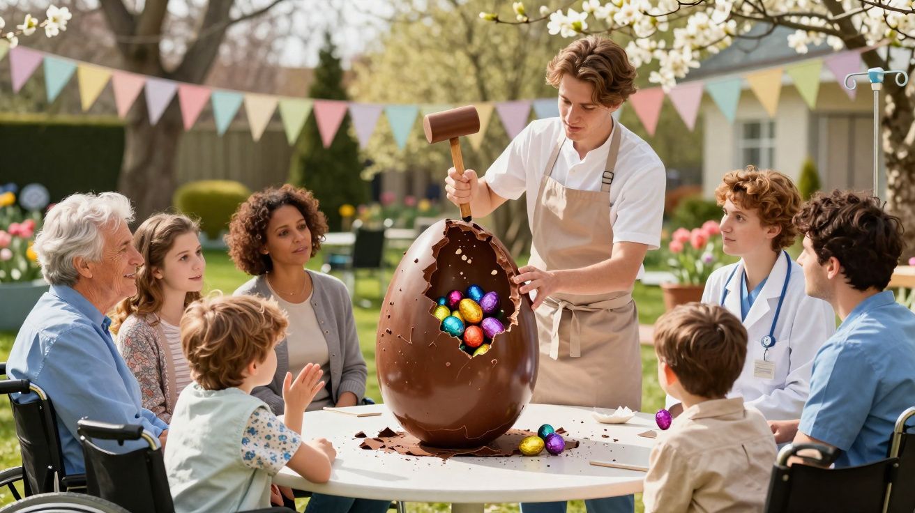 Pessoa quebrando ovo de Páscoa gigante de chocolate enquanto família diversa observa ao redor da mesa ao ar livre.