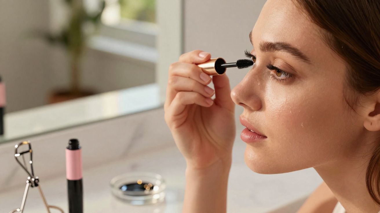 Mulher aplicando rímel nos cílios em frente ao espelho em ambiente claro e organizado.