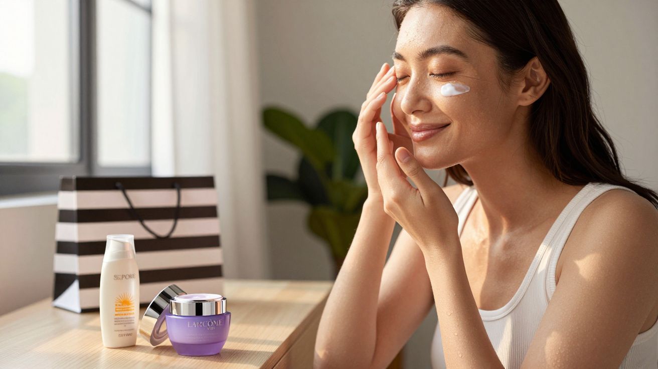 Mulher aplicando creme facial sentada perto de produtos de skincare em mesa iluminada por luz natural.
