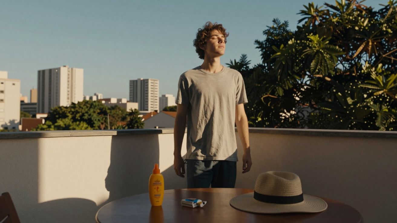 Jovem de camiseta cinza em varanda ao pôr do sol, com protetor solar e chapéu de palha sobre a mesa.