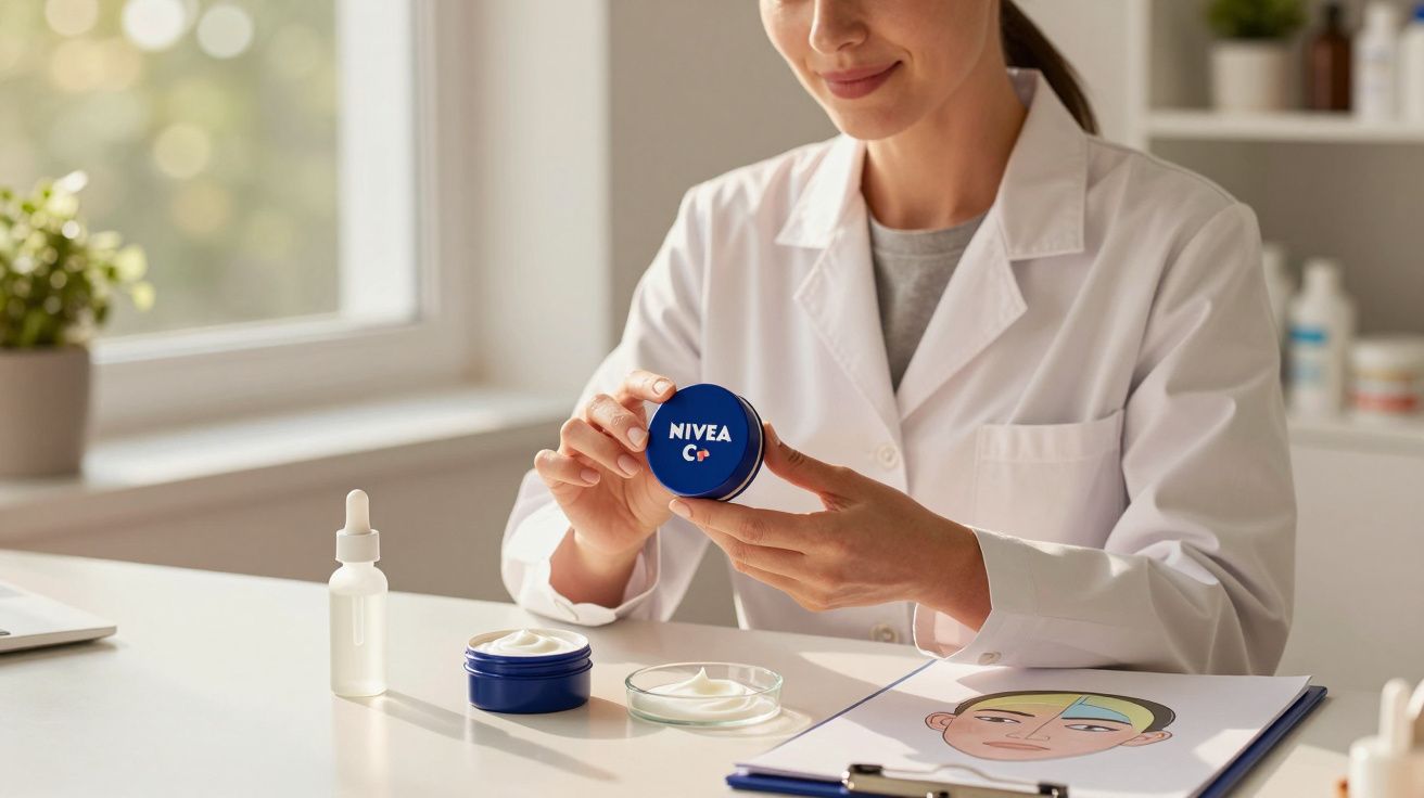 Mulher em jaleco branco segurando pote azul de creme Nivea em mesa com produtos e ilustração facial.