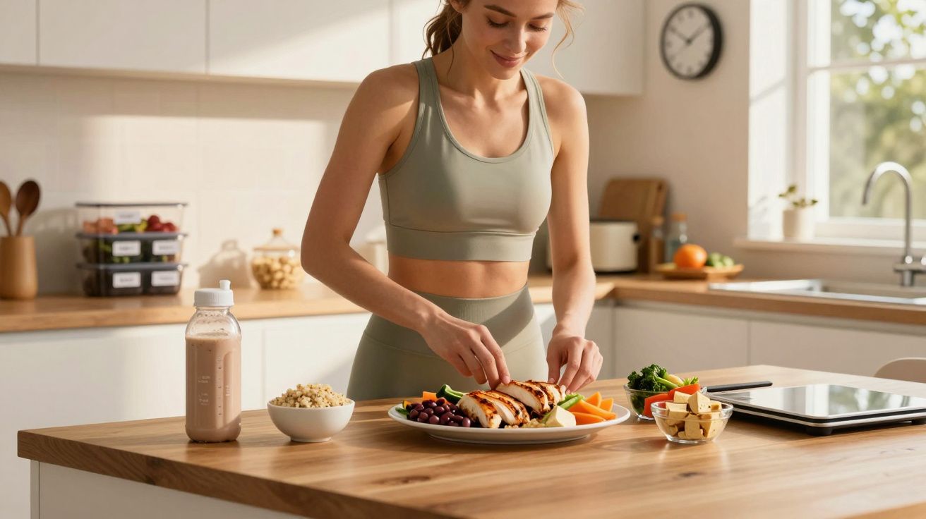 Mulher preparando prato saudável com frango e vegetais na cozinha moderna iluminada.