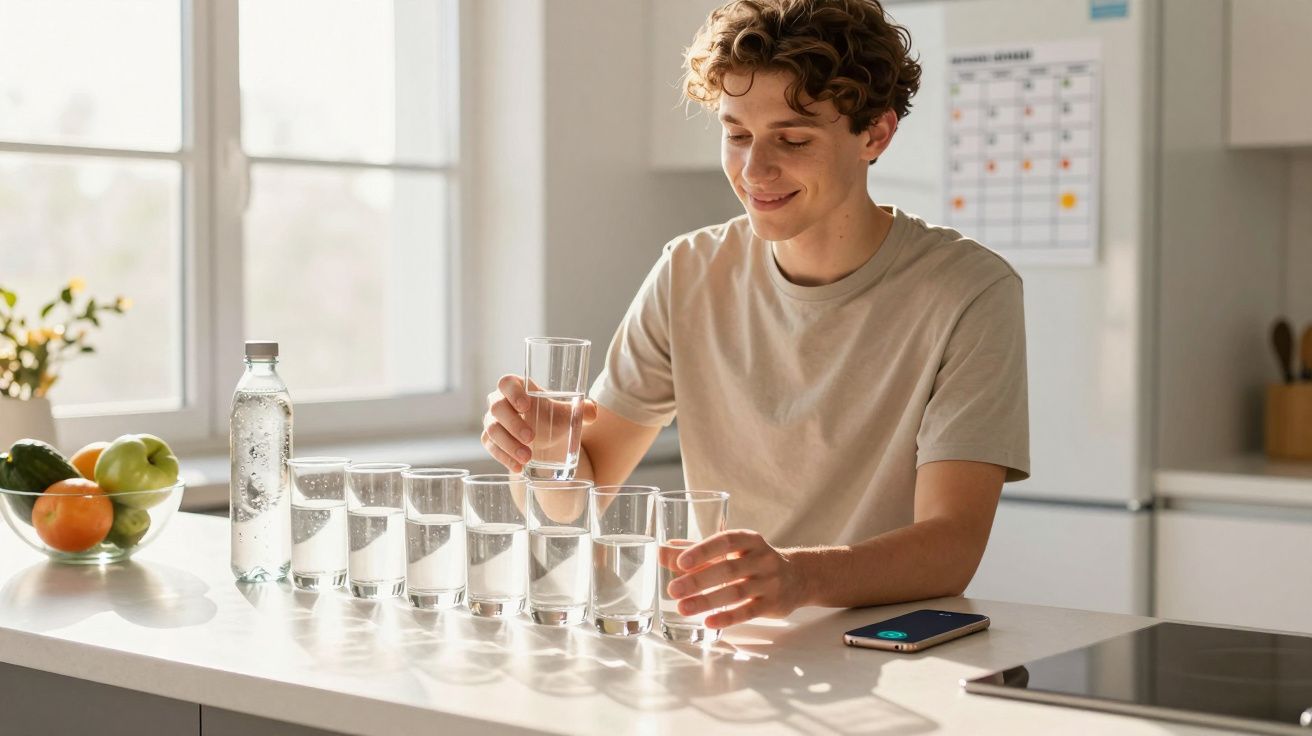 Jovem sentado na cozinha organizando copos com água sobre a bancada branca iluminada pelo sol.