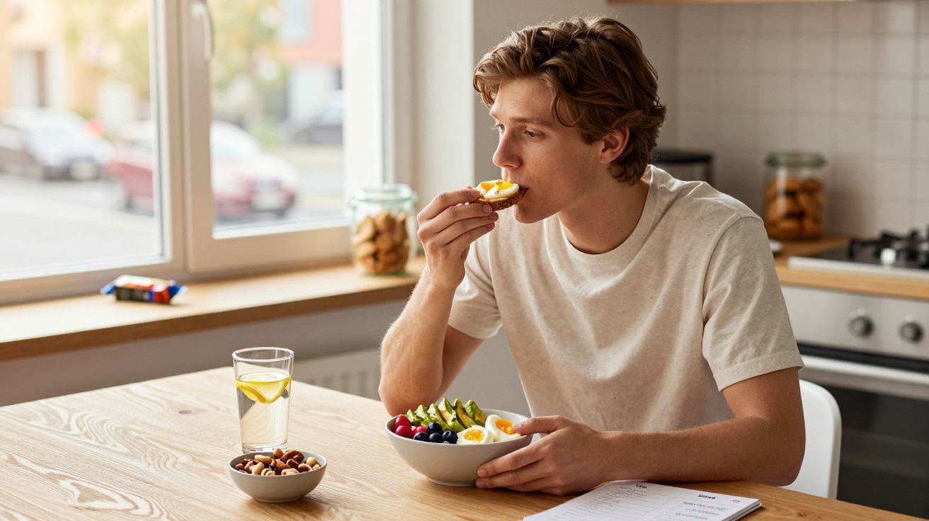 Jovem sentado à mesa na cozinha comendo ovo e frutas, ao lado um copo de água com limão e um pote de castanhas.