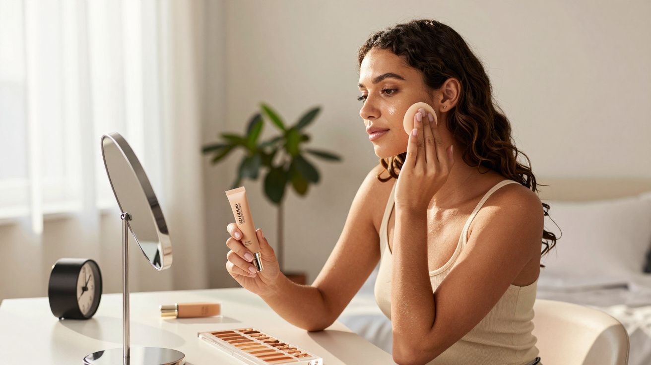 Mulher aplicando maquiagem com esponja, olhando para espelho em penteadeira com produtos de beleza.