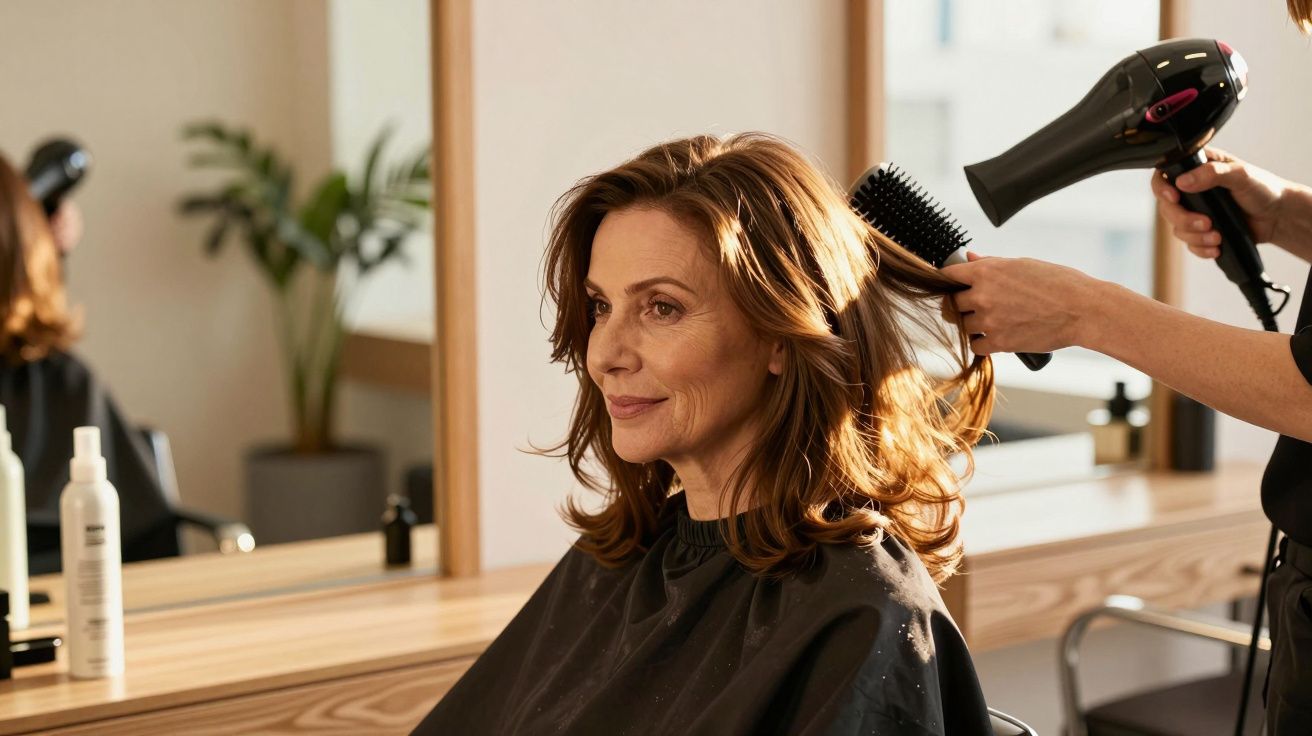 Mulher loira sorrindo enquanto cabelo é seco com secador e escova em salão de beleza.