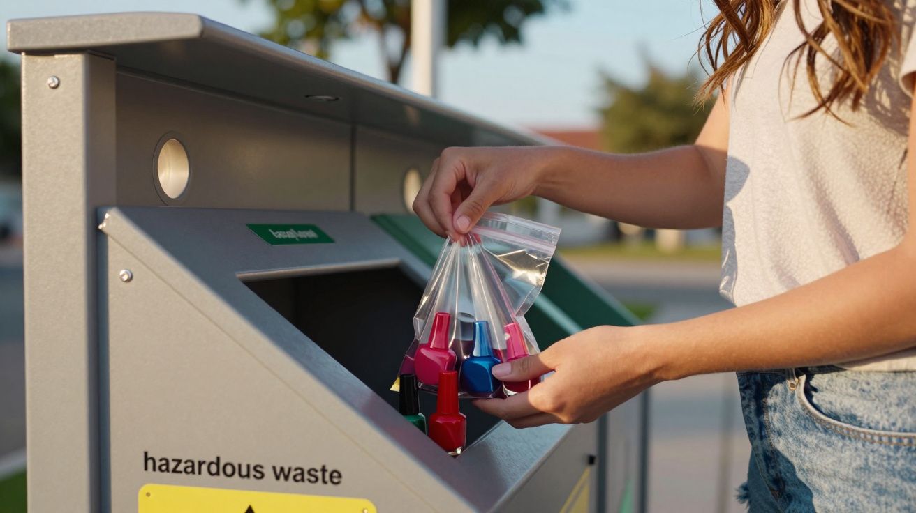 Pessoa descartando esmaltes coloridos em saco plástico transparente em recipiente para lixo perigoso ao ar livre.