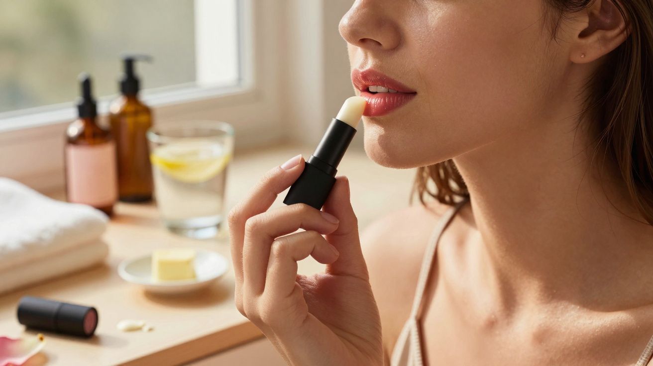 Mulher aplicando protetor labial em ambiente claro com produtos e copo de água ao fundo.