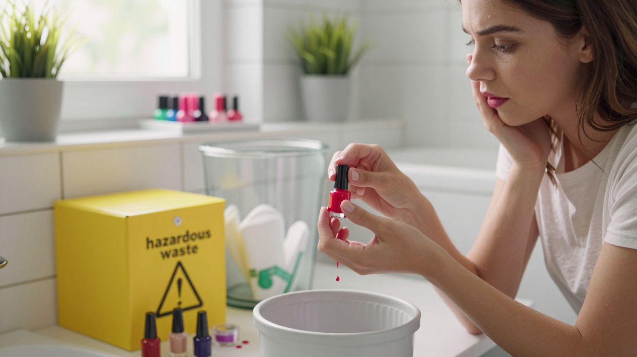 Mulher descartando esmalte vermelho em recipiente para resíduos perigosos em banheiro.