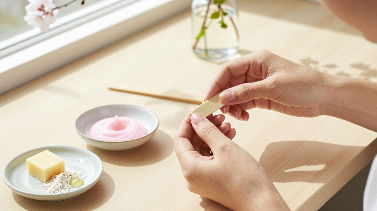 Mãos femininas lixando as unhas com produtos de cuidados, hidratante rosa e sabonete em barra sobre mesa clara.