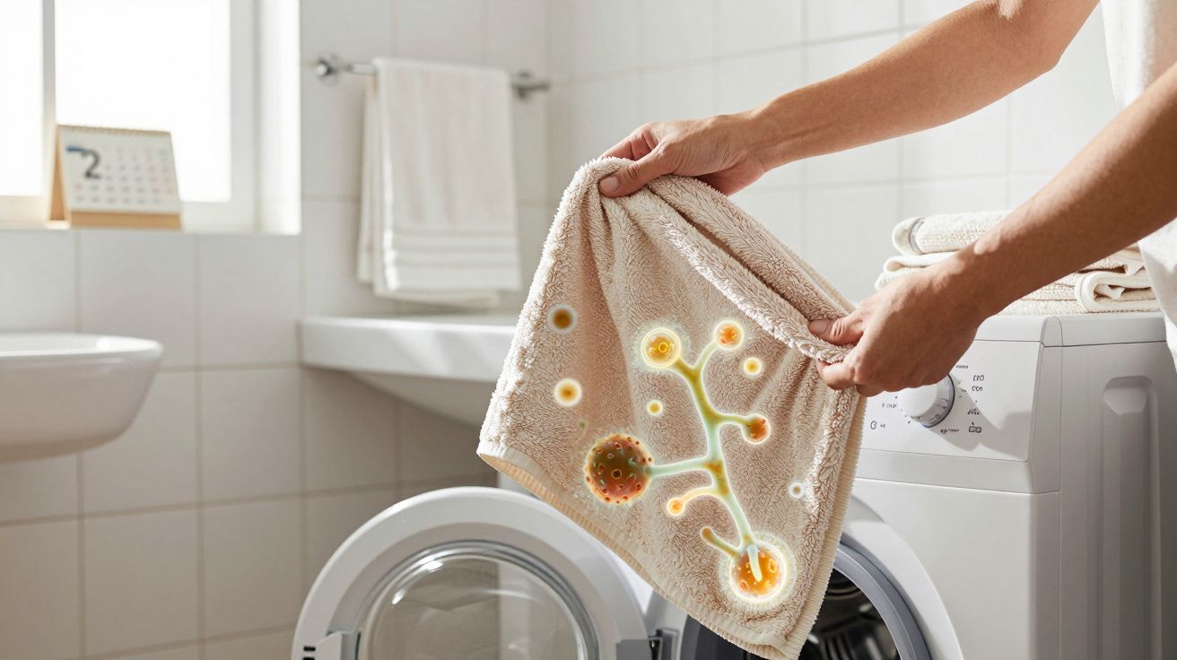 Pessoa segurando toalha suja com ilustração de germes em lavanderia com máquina de lavar aberta.