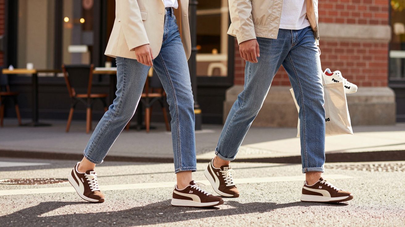 Duas pessoas caminhando na rua usando tênis marrom e branco e calça jeans azul.