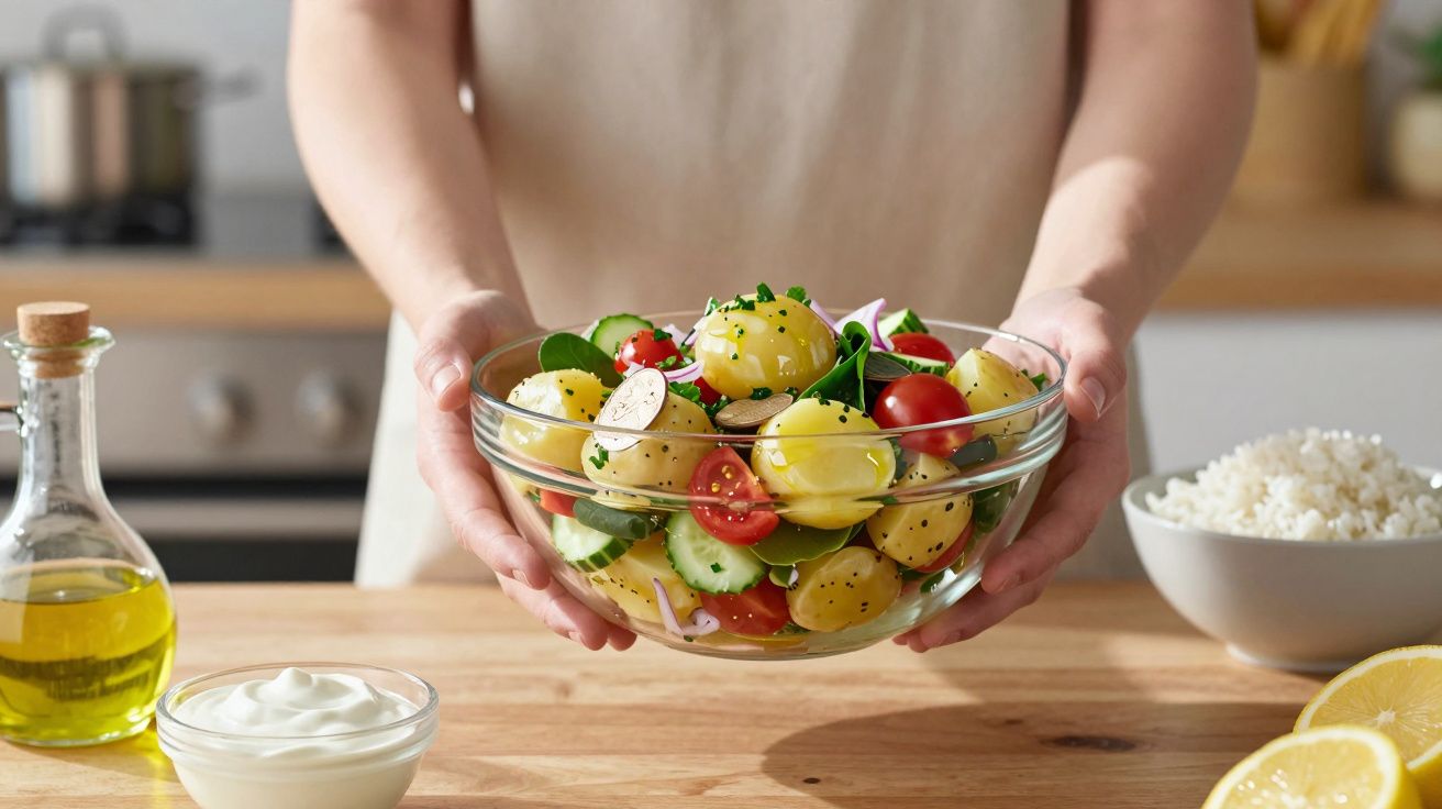 Pessoa segurando salada de batata, tomate cereja, pepino e ervas em tigela de vidro na cozinha.