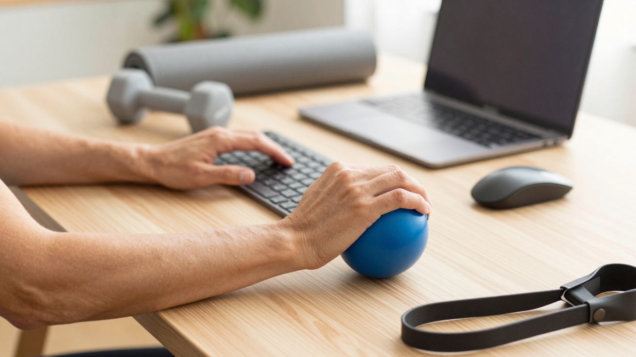 Pessoa usando bola azul de fisioterapia enquanto trabalha no computador em mesa com dumbbell, mouse e laptop.
