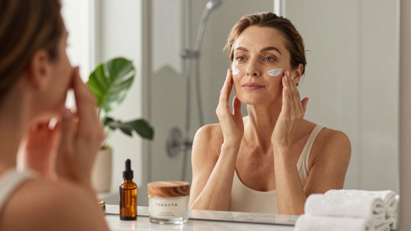 Mulher aplicando creme facial enquanto se olha no espelho em banheiro com toalhas brancas.