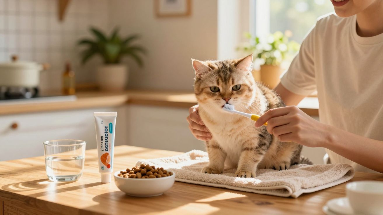Pessoa escovando os dentes de um gato em uma mesa com ração, creme dental e copo d'água ao lado.