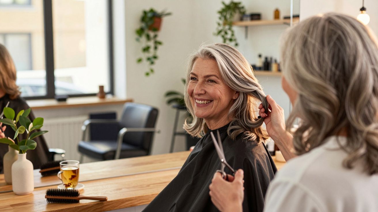 Mulher sorridente com cabelos grisalhos sendo cortada por cabeleireira em salão moderno e iluminado.