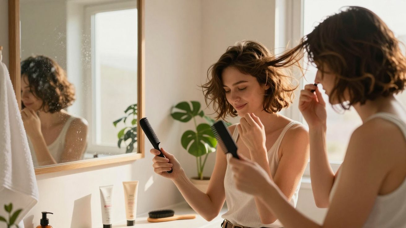 Mulher sorrindo penteando o cabelo com pente preto em frente a espelho no banheiro iluminado.