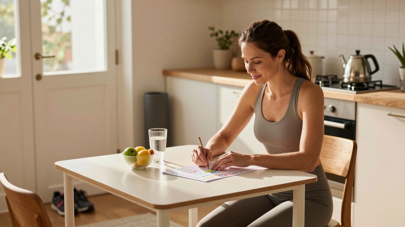 Mulher sentada na cozinha escrevendo em planilha, com copo d'água e frutas sobre mesa branca.