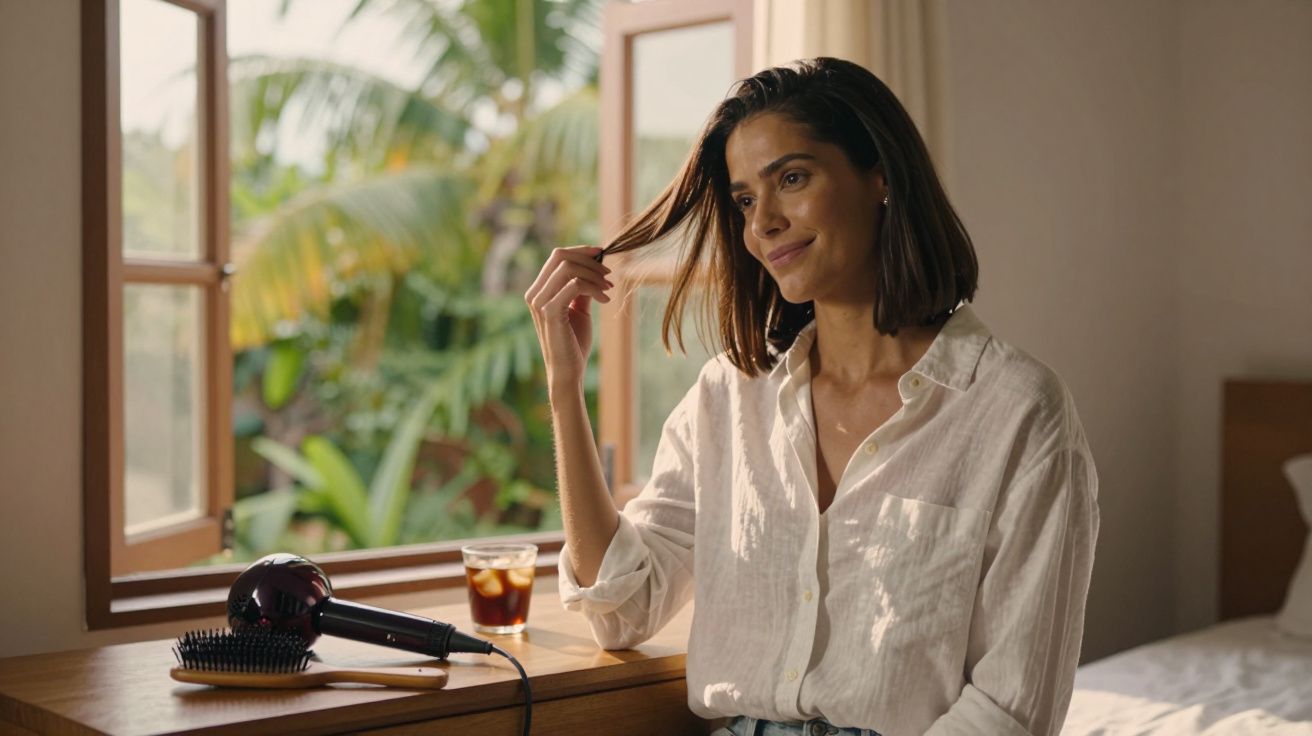 Mulher de camisa branca sentada ao lado de janela aberta, segurando cabelo com secador e escova na mesa.