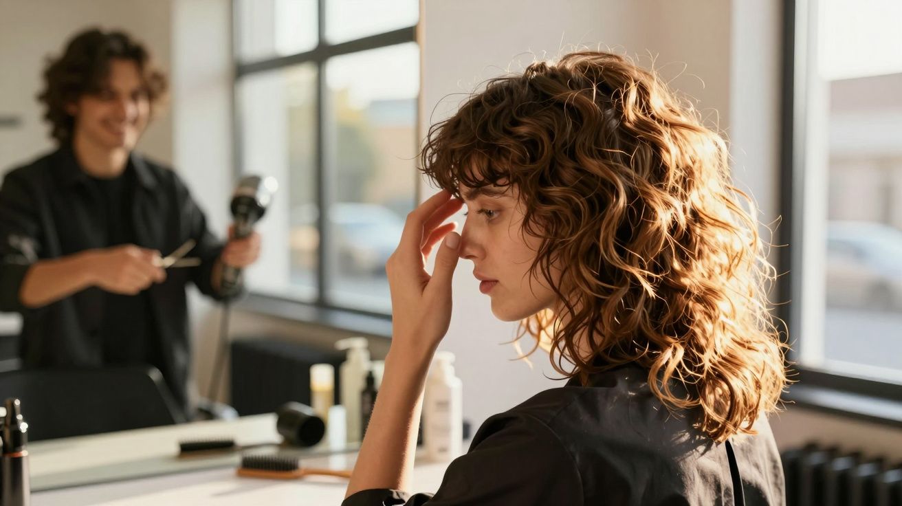 Mulher com cabelo cacheado sendo preparada por cabeleireiro em salão iluminado por janela grande.