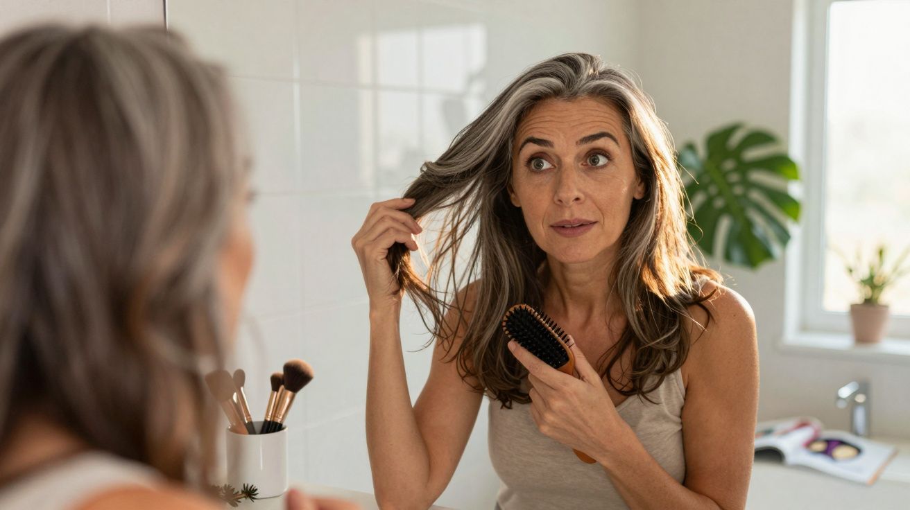Mulher madura penteando o cabelo grisalho em frente ao espelho no banheiro iluminado pela luz natural.