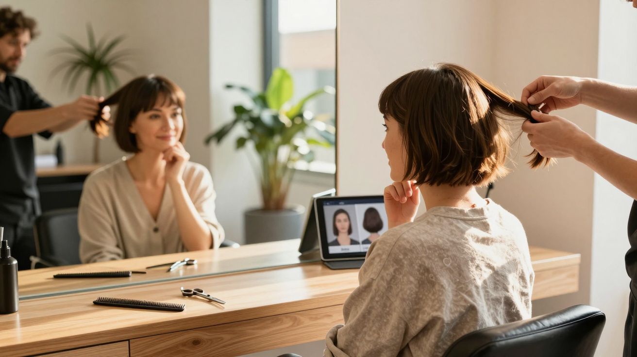 Mulher sentada em salão de beleza, olhando no espelho enquanto cabeleireiro segura seu cabelo curto.