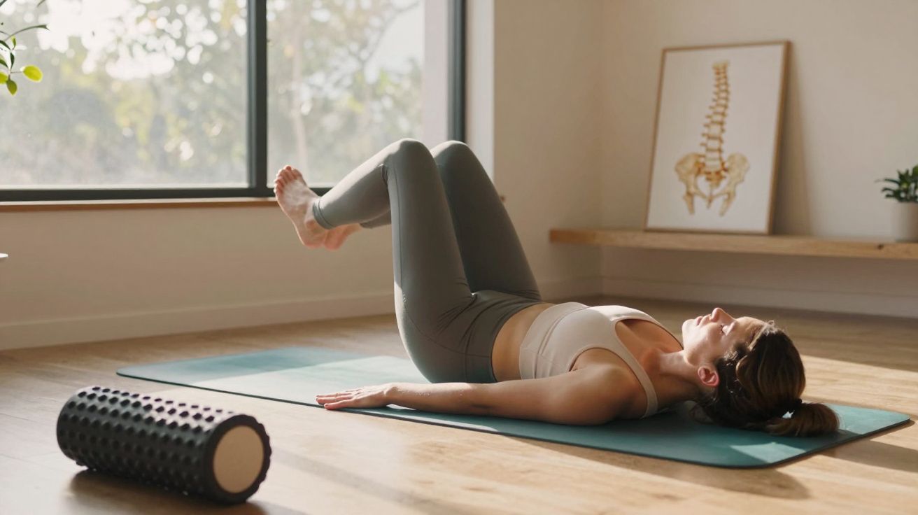 Mulher fazendo exercício de Pilates em tapete dentro de sala clara com janela grande.