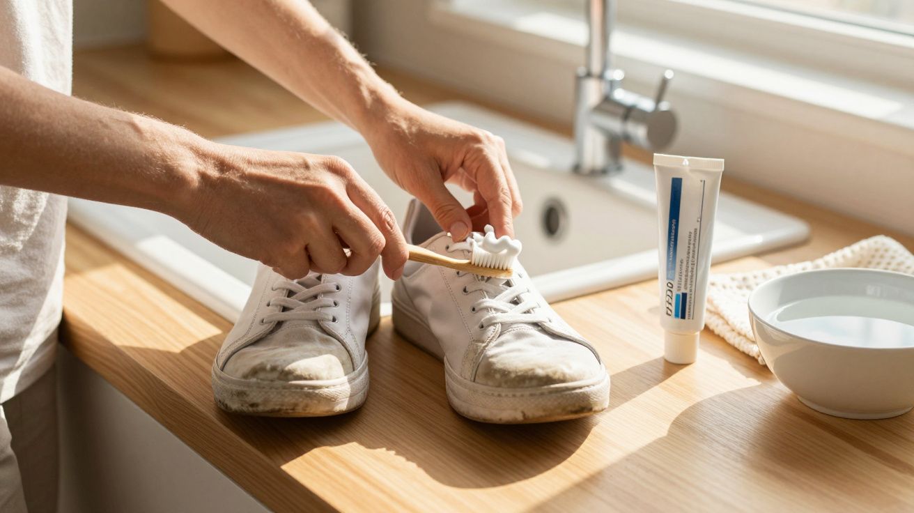 Pessoa limpando tênis branco sujo com escova de dentes e pasta em bancada de cozinha.
