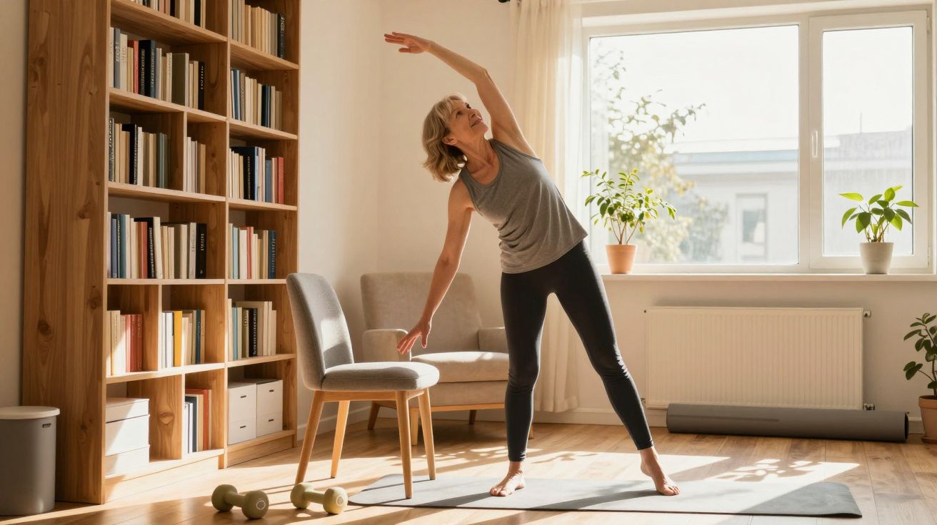 Mulher fazendo alongamento ao lado de cadeira em sala iluminada com estante, plantas e halteres no chão.