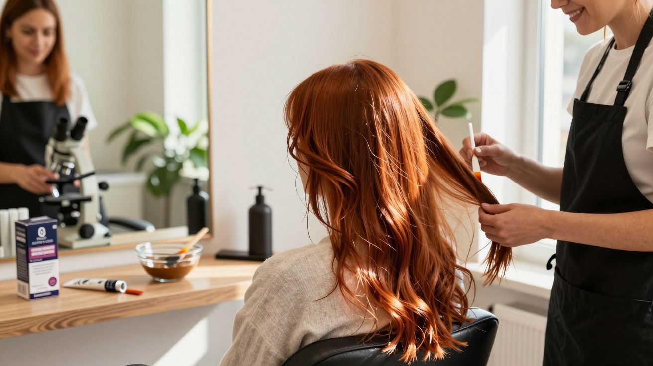 Cliente com cabelo ruivo longo sendo tratado por cabeleireira em salão de beleza iluminado.