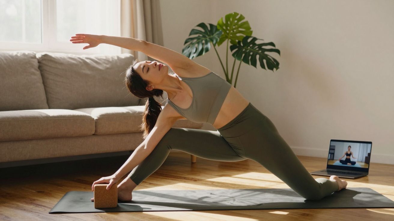 Mulher fazendo alongamento usando bloco de yoga em casa, acompanhando aula pelo notebook.