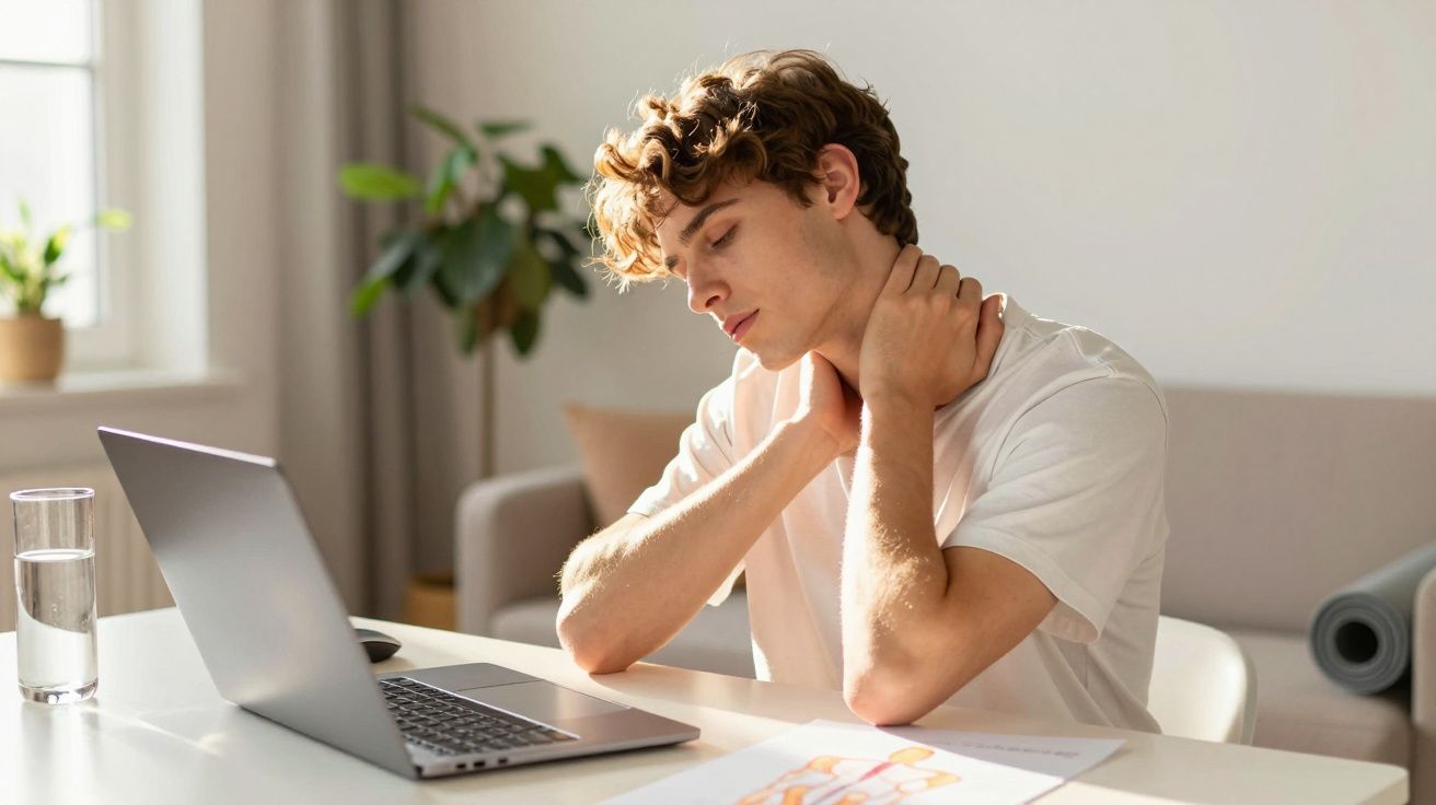 Jovem com camiseta branca massageia o pescoço sentado à mesa com laptop e copo d'água em ambiente iluminado.