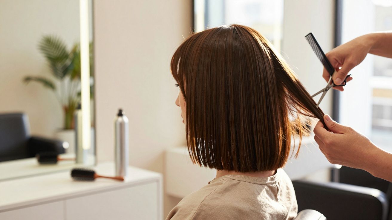 Pessoa com cabelo castanho sendo cortado em salão de beleza, com tesoura e pente na mão do cabeleireiro.