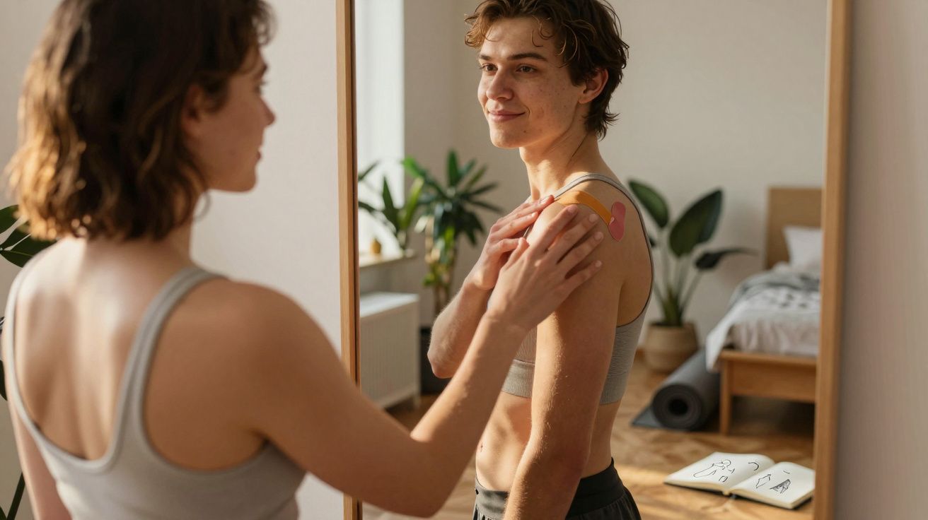 Pessoa aplicando bandagem terapêutica no ombro, olhando para o espelho em um quarto iluminado.
