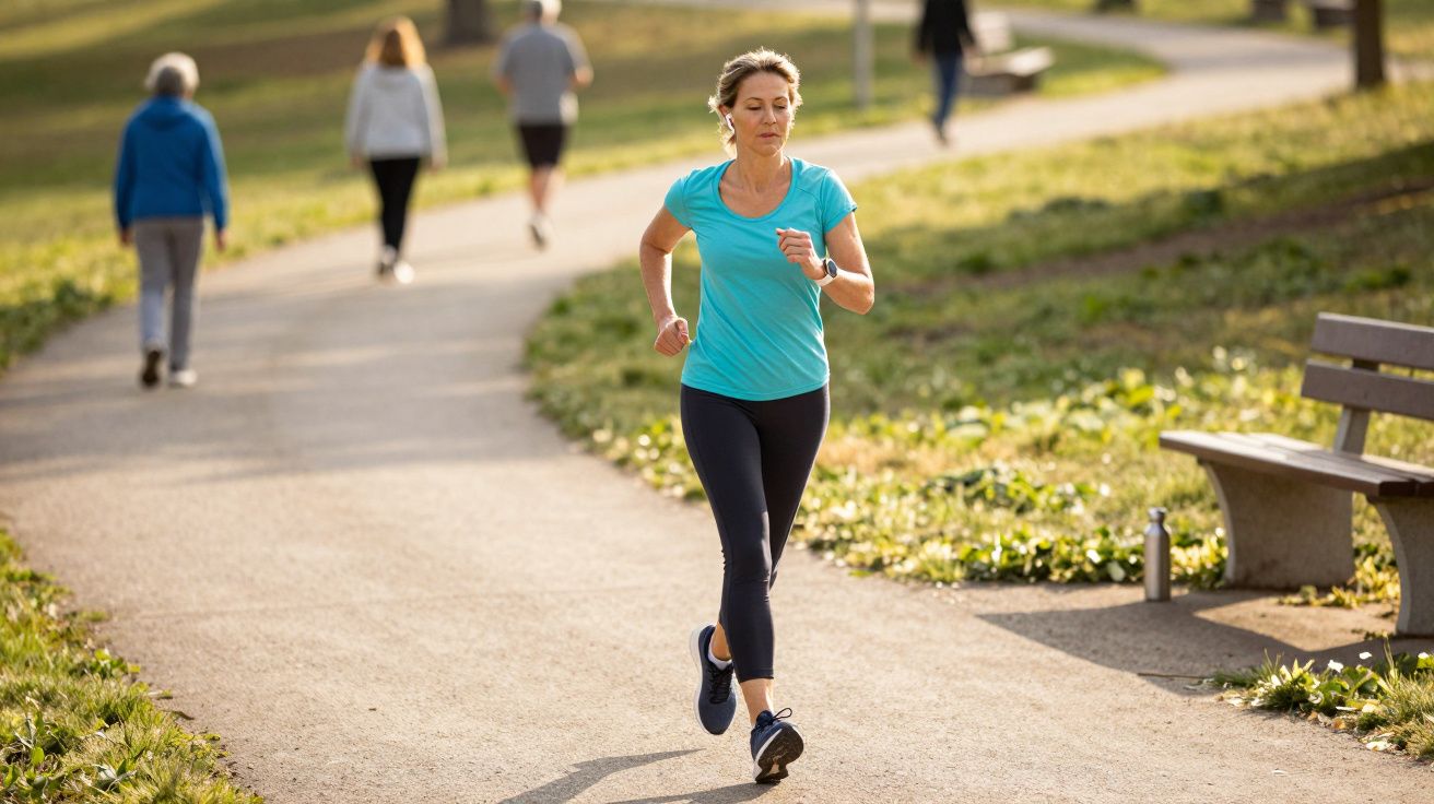 Mulher vestindo camiseta azul correndo em parque, com outras pessoas caminhando ao fundo.