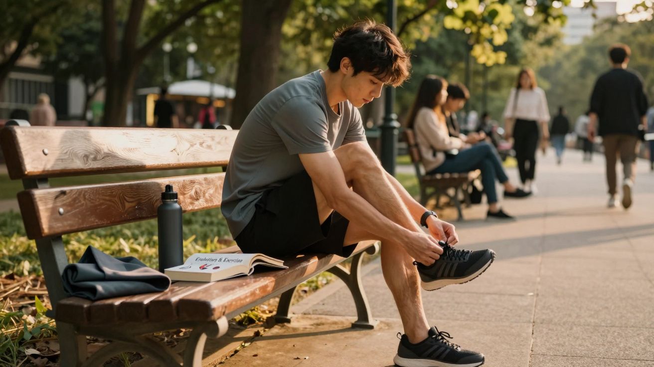 Homem jovem amarrando tênis sentado em banco de parque com livro e garrafa ao lado em dia ensolarado.
