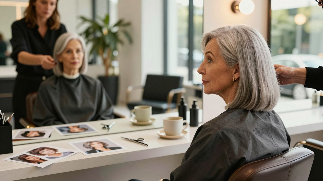 Mulher idosa sentada em salão de beleza, olhando reflexo no espelho enquanto cabeleireira prepara seu cabelo.